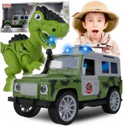 JEEP automobilis su priekaba ir dinozauru
